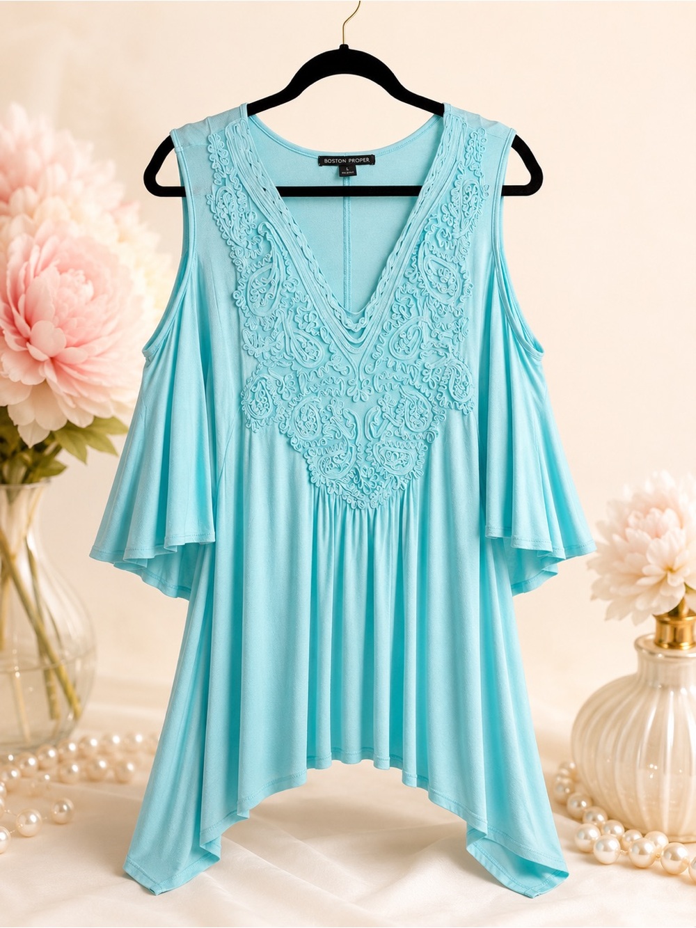 Boston Proper Aqua Cold Shoulder Embroidered Tunic Top L